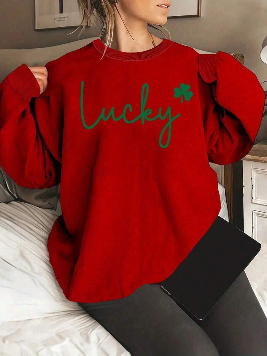 Sweat Shirt2025 New Women's Sweatshirt St. Patrick's Day Print Sweatshirt, Casual Round Neck Sports T-Shirt For Spring And Autumn, Sweatshirt For Women. Loose And ComfortableLoose And Comfortablevalentines Clothes - 紅色 - 查看 1