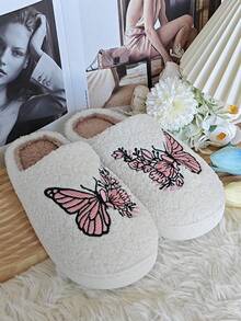 Butterfly Cute Casual Plush Fabric Cartoon Non-Slip Couple House Slippers, Home Winter - Pink - View 3