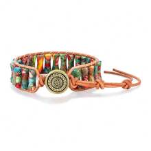 7 Chakra Bracelets For Women Handmade Natural Jasper Stone & With Real Leather Strand Healing Bead Bracelet Women Men Boho Friendship Jewelry,Colored-Leather - 彩色皮革 - 查看 3