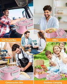 Lonchera Eléctrica - Fiambrera eléctrica de 60 a 80 W para adultos, calentador de alimentos portátil para coche, camión, trabajo, con tenedor y cuchara de acero inoxidable (Gray) - Rosa - Ver 5