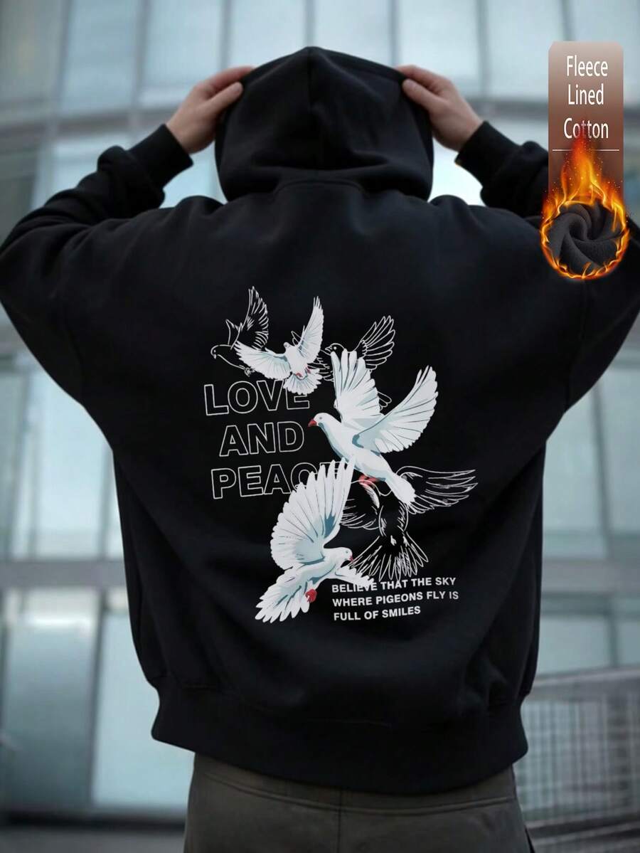 Sweat-shirt à épaules tombantes en coton pour homme, orné d'un motif sur le thème de l'amour et de la paix. Confectionné dans un tissu épais et décontracté pour l'automne/hiver, ce sweat-shirt chaud et ample est doublé en polaire. - Noir - Voir 1