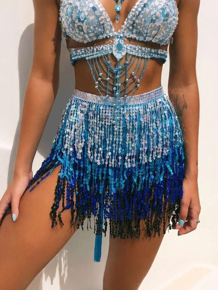 1 pièce Jupe de danse à franges pailletées pour femmes, Écharpe de hanche à franges pour danse du ventre, Jupe à franges pailletées brillantes pour femmes, Costume de scène - Multicolore - Voir 1