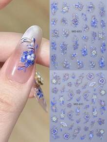 2片青铜色和紫色花朵美甲贴纸，渐变紫蓝色花瓣和金色边缘自粘美甲贴花，优雅花卉美甲沙龙DIY装饰，适合女孩指甲 - 彩色 - 查看 2