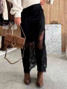 2025新款优雅纯色梭织蕾丝拼接拉链半身裙，修身款式，适合日常穿着，秋冬黑色春季款 - 黑色 - 查看 2