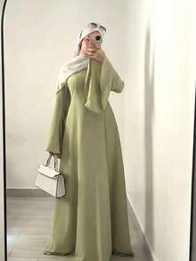 Dignified And Elegant Women's Dress, Olive Green Long Sleeve Loose Long Dress, Casual Daily Wear Spring - Lime Green - View 1