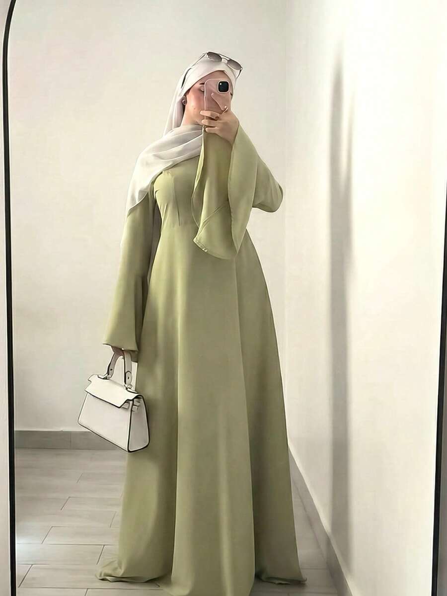 Dignified And Elegant Women's Dress, Olive Green Long Sleeve Loose Long Dress, Casual Daily Wear Spring - Lime Green - View 1