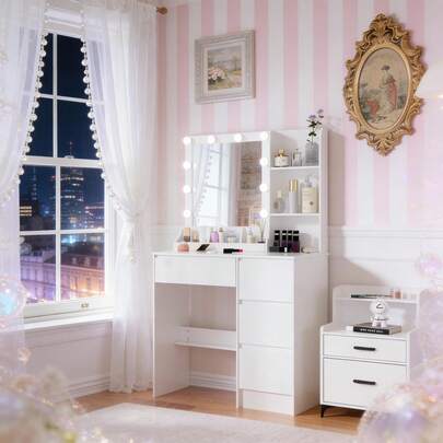 New Dressing Table With 10 LED Lights Mirror 4 Drawers Vanity Make Up Desk Set
