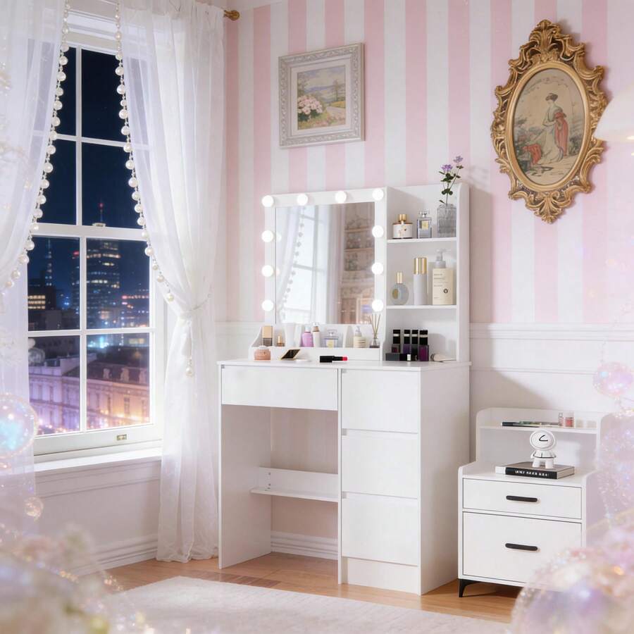New Dressing Table With 10 LED Lights Mirror 4 Drawers Vanity Make Up Desk Set - White - View 1