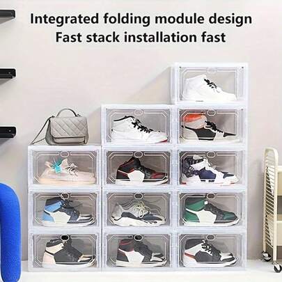 1ชิ้น กล่องเก็บรองเท้าพลาสติกพับได้ พร้อมฝาพับ - ที่จัดระเบียบแบบวางซ้อนกันได้ โปร่งใส ประหยัดพื้นที่