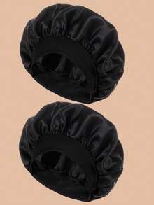 2pcs Stretchy Knit Beanie Hats, Silk Satin Finish Caps Hair Sleep Cap - Black - View 1