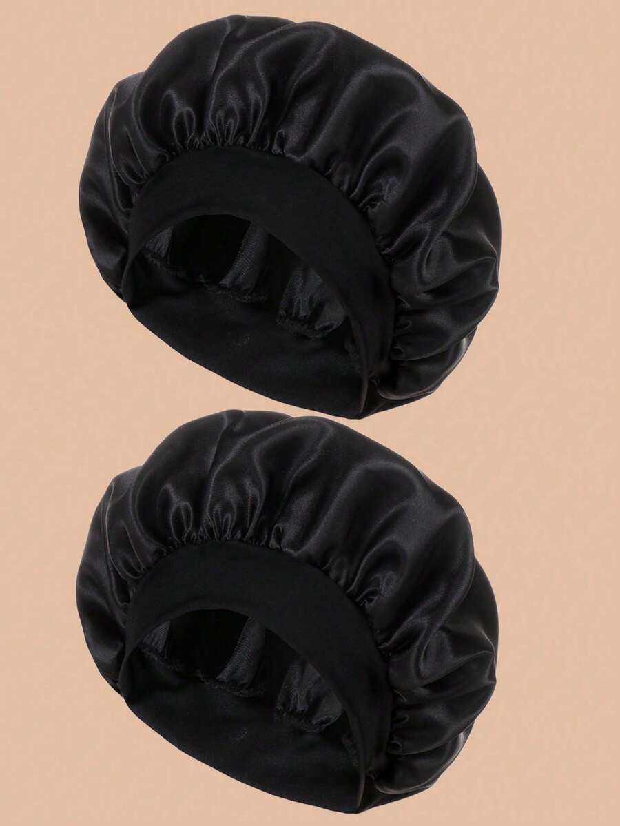 2pcs Stretchy Knit Beanie Hats, Silk Satin Finish Caps Hair Sleep Cap - Black - View 1