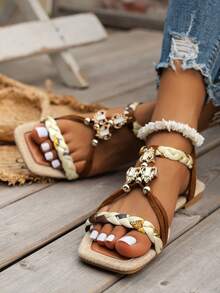 WRCVS 米色女士凉鞋，夏季女士平底凉鞋，编织平底鞋，轻便防滑，沙滩复古花卉图案随机手工串珠复古户外凉鞋 - 棕色 - 查看 4