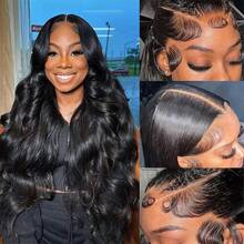VIOLLY 黑色波浪卷发 13x6 真人发高清蕾丝前假发，真人发混纺，融合头皮纹理，预先拔毛，带婴儿发，180% 密度，28 英寸隐形真高清蕾丝前巴西原生发假发，女士款 - 1B# - 查看 2