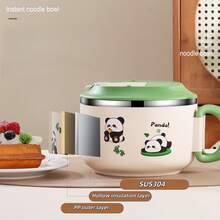 1个304不锈钢卡通图案方便面碗，带折叠勺、滤网、盖子，可作汤碗、饭碗或午餐盒
