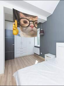 1 件趣味可爱猫咪设计壁挂挂毯，树剪影与星星印花矩形涤纶挂毯，适用于客厅、卧室、办公室墙壁装饰、派对装饰，附带 3 个墙钉和 2 个夹子 - 彩色 - 查看 8