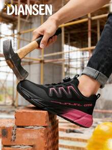 Dian Sen 一双男女通用旋转扣钢头鞋，轻便透气，安全防护，防滑复合鞋头，时尚双色粉色，可爱设计，安全训练运动鞋，钢头训练运动鞋，耐用工作鞋