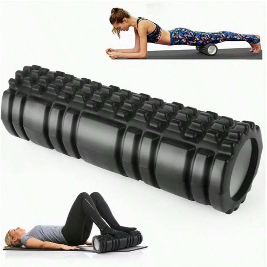 1个黑色泡沫轴，泡沫轴按摩器，非常适合自我按摩、空心肌肉按摩、瑜伽普拉提、运动肌肉按摩、肌肉按摩、瑜伽触发点网格