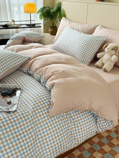 3pcs 100% Polyester Nordic Plaid Duvet Cover Set, 2 Pillow Shams + 1 Duvet Cover (No Bed Sheet)