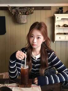 Striped Argyle Knit Cardigan & Pleated Skirt Set For Women, (Random Stripe Pattern)