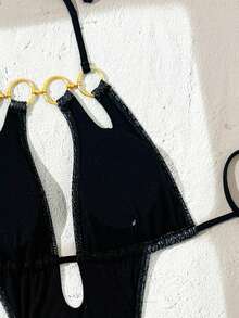 1 pieza Bikini circular de punto elegante y sexy con estilo bohemio y metálico, adecuado para la playa, viajes, citas, primavera/verano