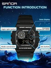 SANDA 2202 Fashion Men's Electronic Watch Sports Multifunctional Waterproof LED Luminous Single Display Small Square Electronic Watch - Black - View 4