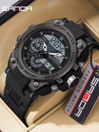 SANDA 3302 男士腕表 LED 数字石英钟 防水户外运动多功能双显示电子表