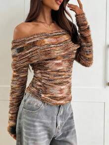 Women's Elegant Off-Shoulder Ruffled Slim-Fit Long-Sleeved Knit T-Shirt For Autumn And Winter, Y2K Style, Women's Long-Sleeved Top, Women's Winter Clothing, Outerwear. - Gradient Colors - View 5