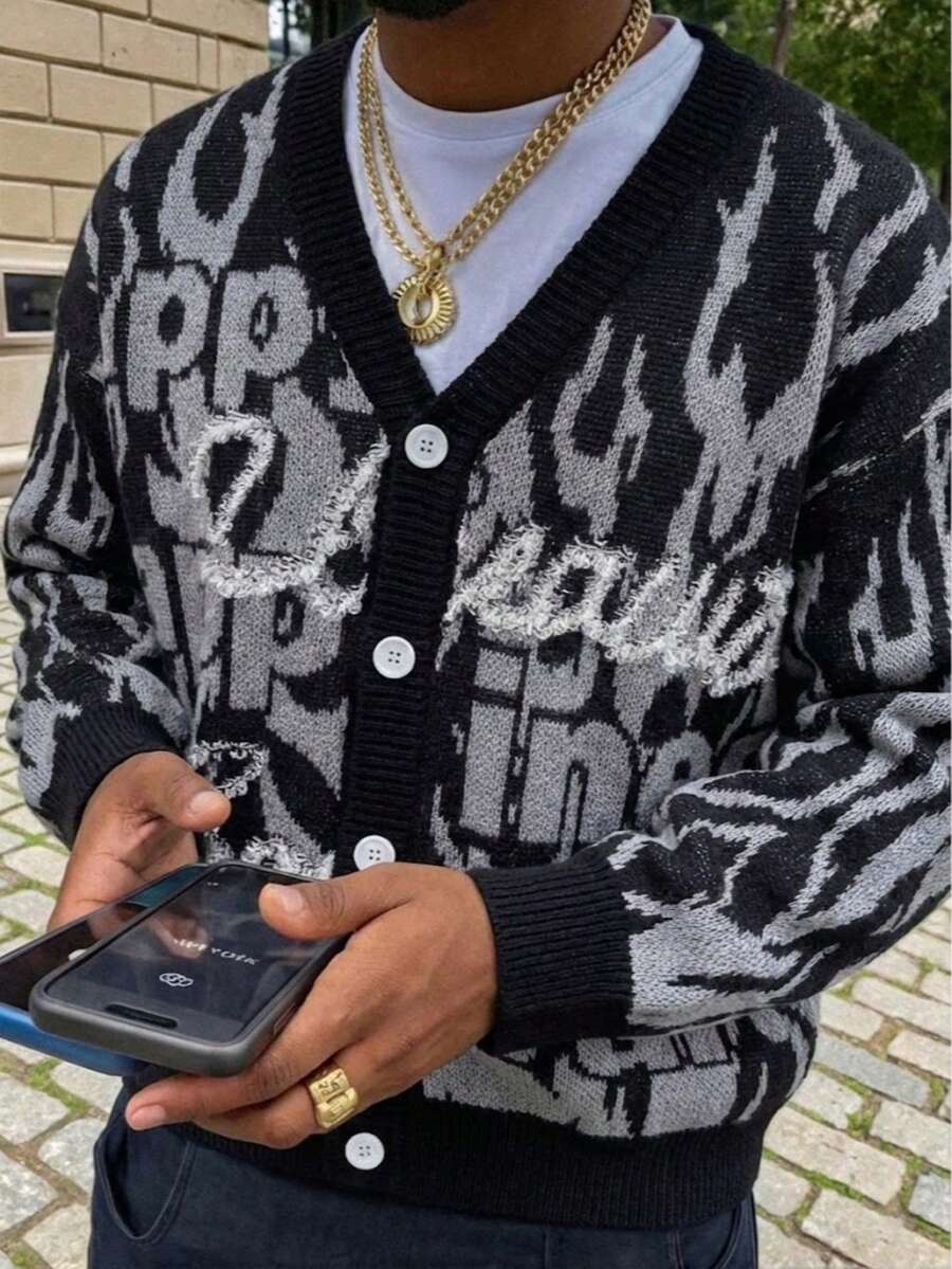 Áo len nam dài tay cổ chữ V in chữ, dáng rộng thoải mái hiệu ANDREILEE, kiểu dáng đường phố đa năng, thích hợp cho mùa xuân, thu và đông. - màu đen - Xem 1