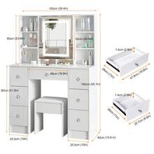 Large LED Lights Makeup Desk Mirror Dressing Dresser Table Dresser Vanity Set UK - White - View 7