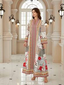 优雅女士V领长袖波西米亚印花连衣裙，采用梭织面料制成，展现活力四射的波西米亚风情。 - BX09 - 查看 4