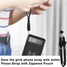 Cordn Ajustable Con Doble Gancho Y Clip De Piel Sinttica, Phone Strap With Zippered Pouch, Colgante Para Celular, Strap Phone With Wallet, Phone Strap With Wallet - Negro - Ver 2