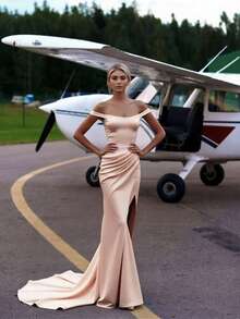 Basrey 新款优雅女士白色吊带连体领修身敬酒服拖地长裙伴娘服适合参加婚礼和担任伴娘 - 香檳色 - 查看 5