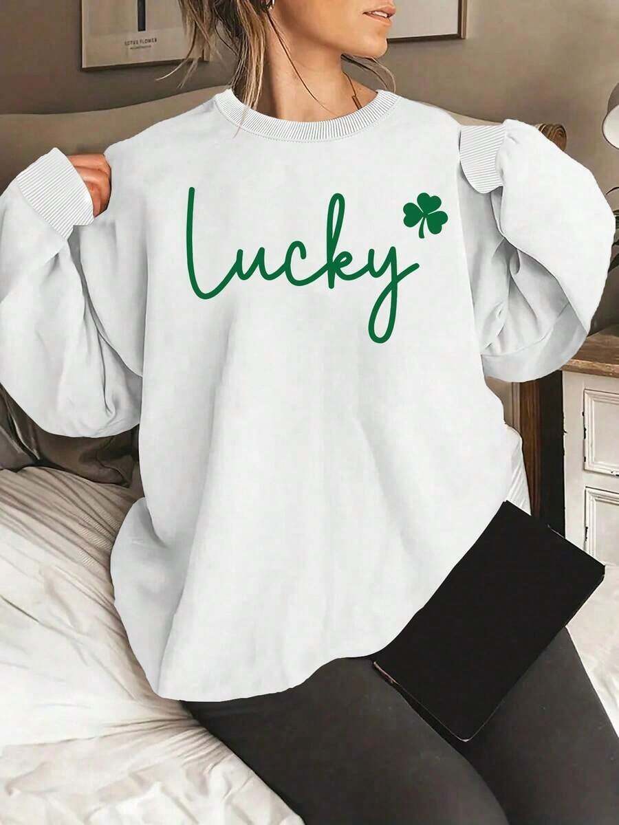Sweat Shirt2025 New Women's Sweatshirt St. Patrick's Day Print Sweatshirt, Casual Round Neck Sports T-Shirt For Spring And Autumn, Sweatshirt For Women. Loose And ComfortableLoose And Comfortablevalentines Clothes - 白色 - 查看 1