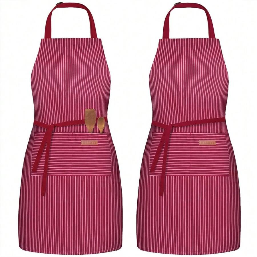 2 Pack Adjustable Bib Apron With 2 Pockets Chef CooFKing Kitchen Restaurant Aprons For Women Men,WinePinstripes - 葡萄酒細條紋 - 查看 1