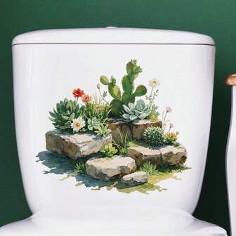 1pc Vibrant Green Leaves Toilet Stickers, With Leaves, Flowers And Stones Design Stickers, Self-Adhesive Removable PVC Stickers, Ideal For Home Bathroom Toilet Tanks, Wall Door Decor Decals, Single Use