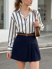 JTI Spring Fall Casual 2 Piece Outfits For Women Vertical Striped Lapel Blouse Top And Solid A-Line Pleated Skirt Set - Blue and White - View 3