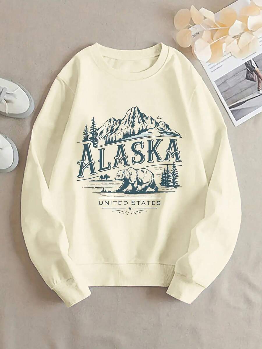 Christmas Sweatshirt For Women With Alaska Landscape Pattern - Black Travel Sweater With Alaska Text, Machine Washable Suitable For Outdoor Adventure And Casual Wear - Perfect Gift For Alaska Enthusiasts, All-Season Decorative Style, Crew Neck Design, Comfortable Loose Fit Sweatshirts Winter Clothes - 杏色 - 查看 1