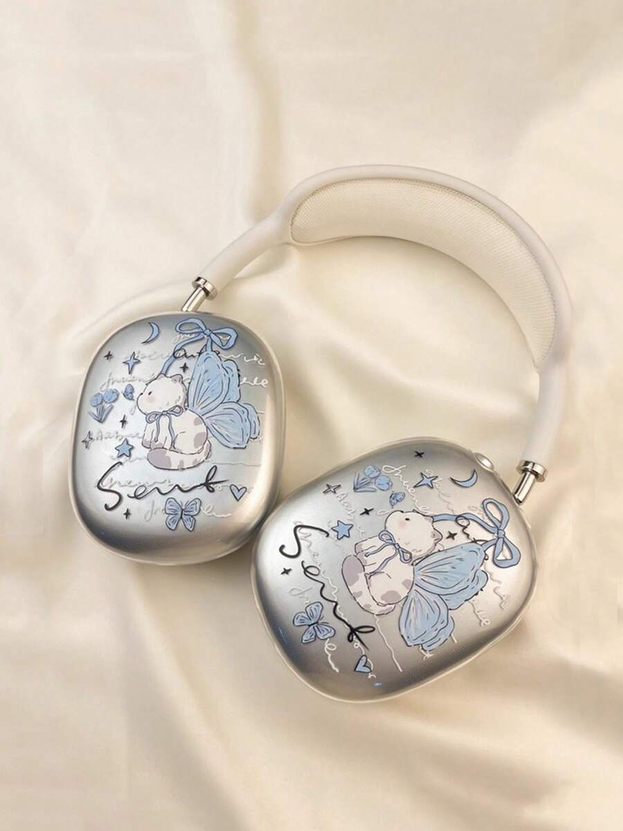 1pc Cute Blue Butterfly & Kitty Design Protective Case Compatible With Apple Max Headphones - Multicolor - View 1