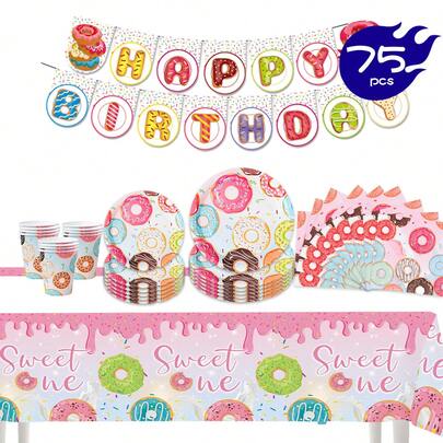 Colorful Donut Disposable Plate, Napkin, Cup, Tablecloth And Banner Set, Party Supplies Set For 16 Guests, Suitable For Birthday, Wedding, Theme Party, Family Picnic
