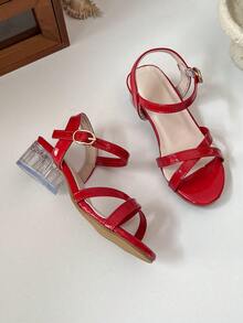 Girls' Elegant High Heel Sandals, Size 26-36 | Chunky Transparent Heel And Ankle Strap | Multi-Color Metallic Shoes, Suitable For Flower Girl, Communion And Formal Occasions - Red - View 7