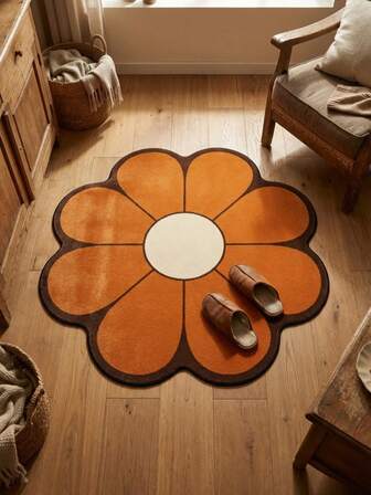 1pc Washable Creative Sunflower Faux Wool Decorative Floor Mat, Made Of Soft Plush Fabric, Non-Slip, Suitable For Living Room, Bedroom, Study, New Year Decoration, Machine Washable, Foldable, Easy To Clean And Durable, Stylish Home Decor