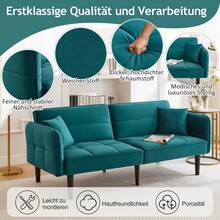 Adjustable 2-In-1 Sofa Bed – Two-Seater With Velvet Upholstery, Folding Armrests And A Sleeping Function, Ideal For Small Spaces - Teal Blue - View 6