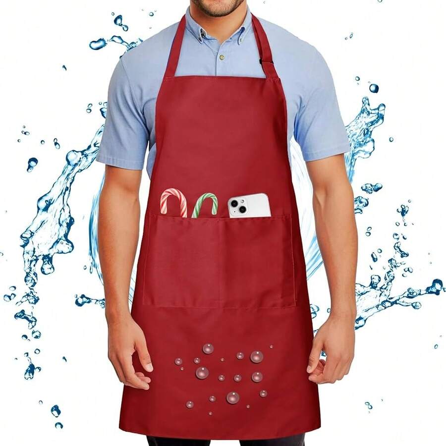 Chef Apron For Men And Women Wash Free Bib Apron With 2 Pockets Water & Oil Proof Adjustable Aprons,Red - Red - View 1