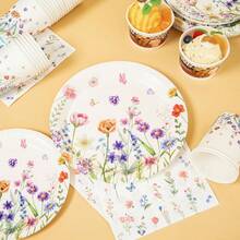 1 Set Floral & Butterfly Disposable Plates, Napkins, Cups, Tablecloth And Pennant Flags, Party Supplies Set For 16 Guests, Suitable For Birthday, Wedding, Theme Party, Family Picnic - Multicolor - View 5