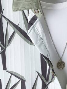 2pcs Boys' Casual Patchwork Pattern Pocket Shirt And Solid Color Shorts Set, Spring/Summer - Army Green - View 3