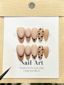 10pcs Handmade Nail Stickers, Almond Shape Nails, Medium Size, Soft Nude Pink, Brown French Tip, Black Ombre, Leopard Print, Chic & Elegant Minimalist Autumn Nails, Autumn/Winter Nail Stickers, Holiday Fake Nails, Suitable For Party, Daily Wear, Beach & Tropical Vacation, DIY Nails, Gift For Women & Girls - Brown - View 1