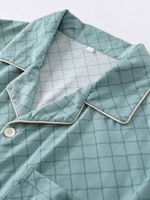 2pcs Men's Long Sleeve Pajama Set - Collared Button-Up Sleepshirt + Straight Leg Pajama Pants - Fashionable Plaid Print Loungewear Suitable For Outerwear - Mint Blue - View 3