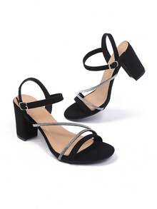 女士时尚高跟凉鞋，黑色粗跟踝带，圆头镶钻，适合派对、宴会及各种场合，优雅黑色鞋履 - 黑色 - 查看 10