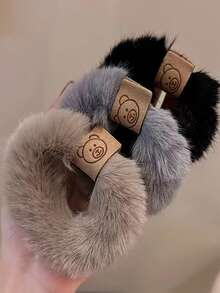 3pcs Plush Bear Hair Scrunchies - Soft & Stretchy Bear-Shaped Hair Accessories (Black) - Durable Ponytail & Bun Holders, And S-Shaped Hair Clips ,Hair Elastics ,Hair Rubber Bands ,Hair Rope ,Elastic Hair Tie