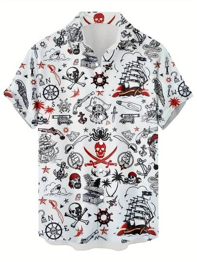 Men's Pirate-Themed 3D Print Short Sleeve Shirt - Skull & Crossbones, Jolly Roger Flag, Treasure Chest Design With Treasure Map & Nautical Icons - Hawaiian Button-Up Collar Collar For Summer Beach Parties, Pirate Events & Casual Wear